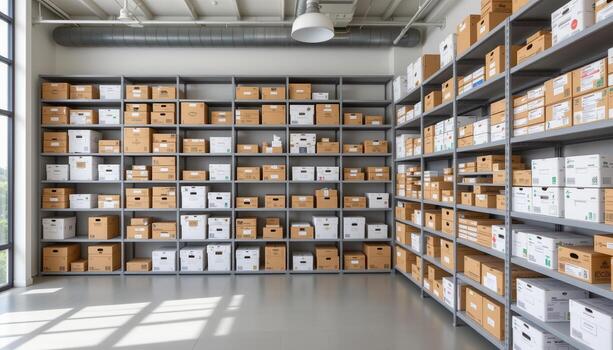 A modern storage space filled with tall shelving units and neatly arranged boxes. photo
