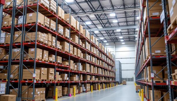A well organized distribution facility with tall metal racks filled with boxes, reflecting advanced warehouse operations. photo