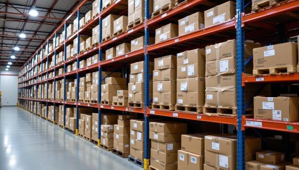 A well structured logistics space filled with uniformly arranged boxes on industrial grade racks. photo