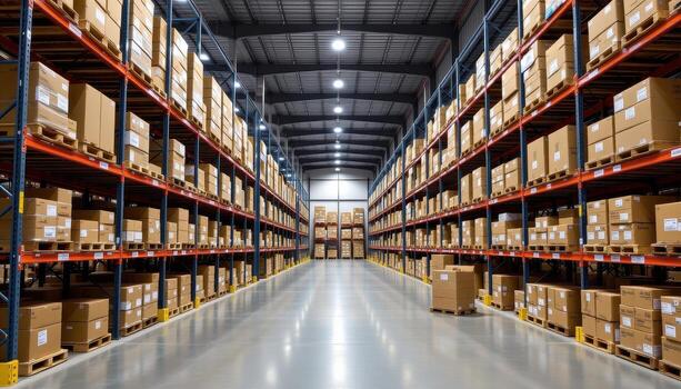 A spacious logistics warehouse featuring perfect order in shelves and uniform box placement. photo