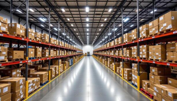 A vast logistics center with high ceilings and perfectly stacked packages across symmetrical aisles. photo