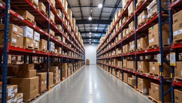 A modern warehouse interior with evenly distributed boxes on industrial shelving systems. photo