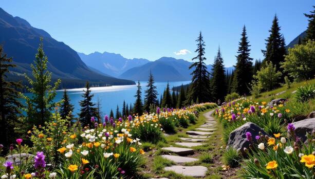 A scenic forest walkway lined with wildflowers and stones leading to a shimmering lake in the mountains. photo