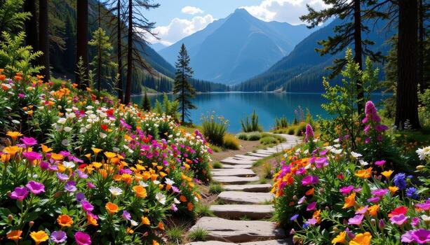 A narrow stone path through the forest lined with wildflowers of every color leading to a reflective mountain lake. photo