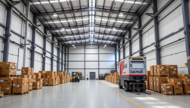 A bright warehouse showcasing symmetrical layout and precise cargo placement. photo