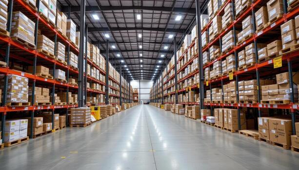 A large warehouse showcasing efficiency with neatly stacked packages and clean aisles. photo