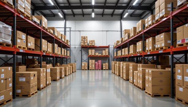 A clean, efficient warehouse interior with symmetrical layout and uniform boxes. photo