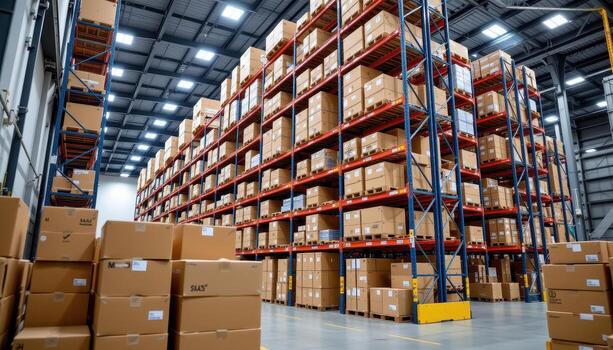 A high tech logistics center with towering racks and uniformly stacked cardboard boxes under bright lighting. photo