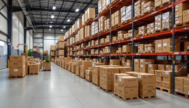 A clean warehouse with structured organization and precise box alignment. photo