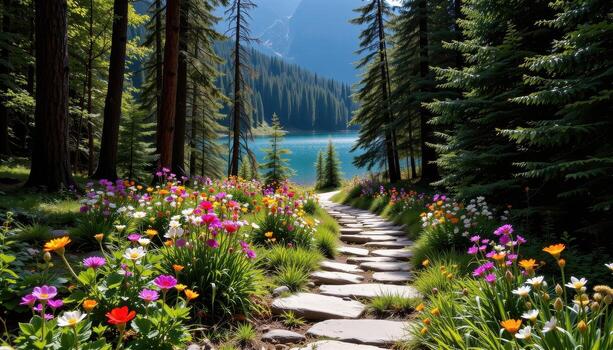 A quiet stone path weaves through dense forest, lined with multicolored wildflowers that sway lightly in the wind, ending at a secluded mountain lake without any sign of life. photo