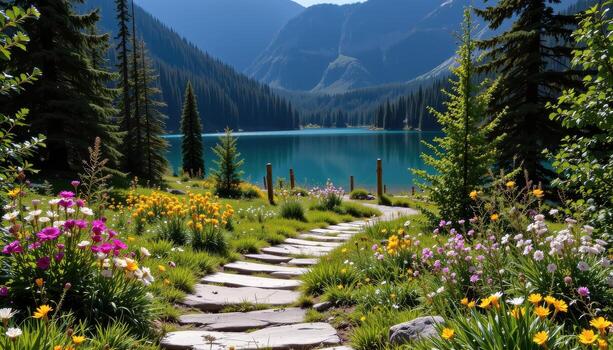 A stony path lined with wildflowers twists gently through a shadowed forest toward a reflective mountain lake, untouched by people or wildlife. photo