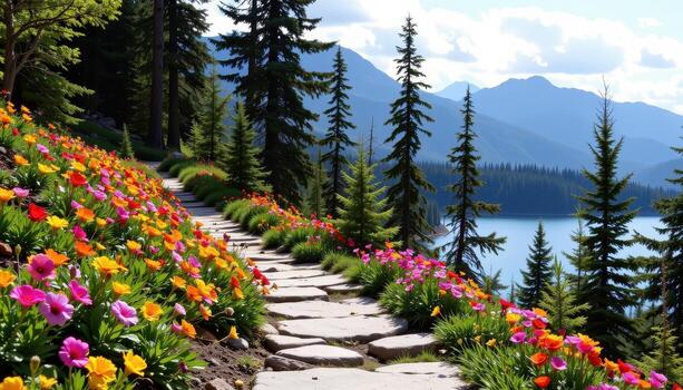 The stone trail curves through dense trees, lined with wildflowers in vivid colors, guiding toward a serene lake high in the mountains. photo