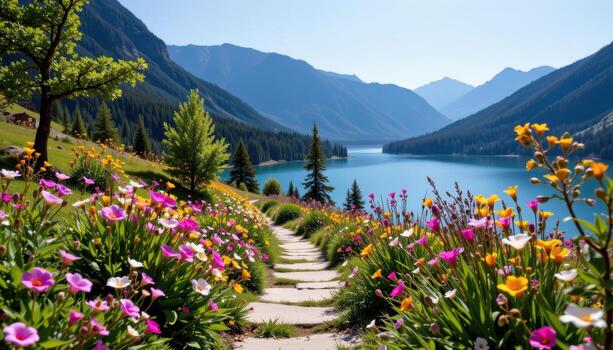 A narrow stone pathway, lined with a riot of colorful wildflowers swaying in a gentle breeze, stretches through the tranquil forest toward a crystal clear mountain lake, utterly devoid photo