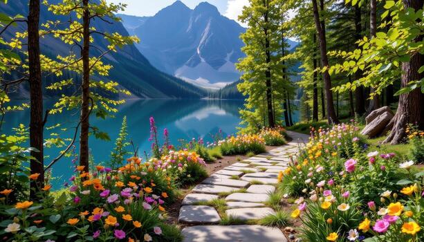 A forest stone path, bordered by wildflowers that bloom in chaotic beauty, guides the way to a mountain lake whose mirrored surface reflects the surrounding cliffs in perfect silence. photo