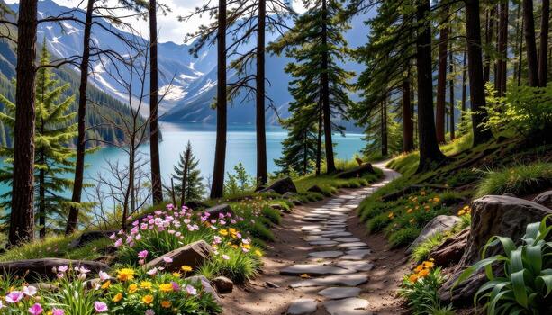 A stony forest path, bordered by wildflowers, curves through the trees to reveal a tranquil mountain lake. photo