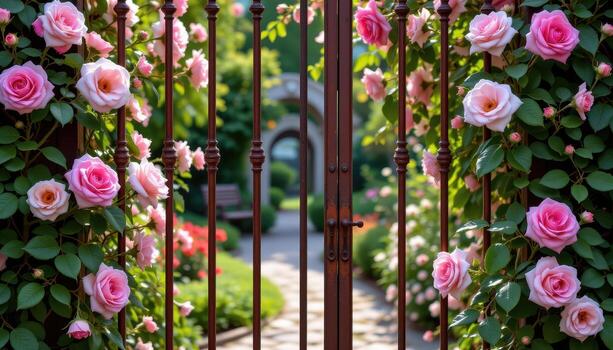 Rusty iron bars, wrapped in blooming roses, form a gate that leads into a tranquil garden where not a single creature disturbs the silence. photo