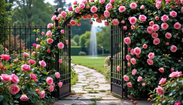 Roses twist around the spires of a wrought iron gate, spilling onto the stone path below in a serene, empty garden. photo