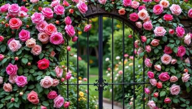 Roses climb along every curve of the black iron gate, forming a colorful and fragrant frame to an abandoned garden. photo
