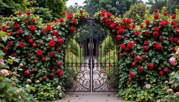 The intricate iron gate, covered in deep red roses and twisting vines, stands as a silent sentinel to a private garden devoid of human presence or wildlife. photo