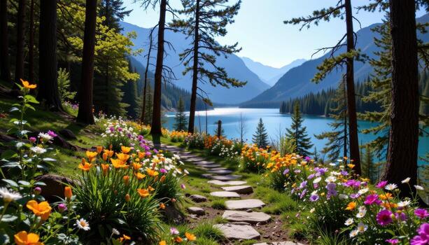 A forest stone path, lined with wildflowers, curves through the trees toward a serene mountain lake. photo