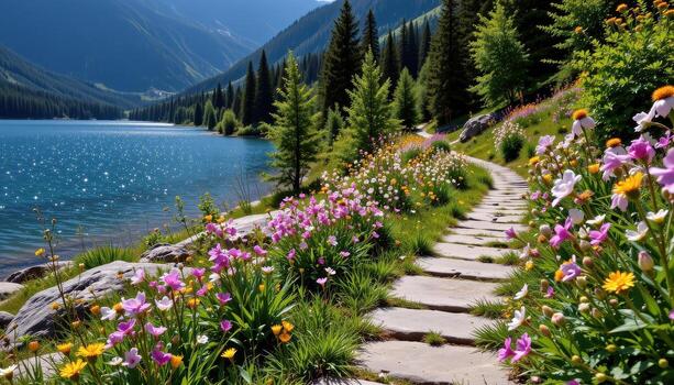 Along a winding stone path, wildflowers flourish, creating a natural guide to a secluded mountain lake. photo