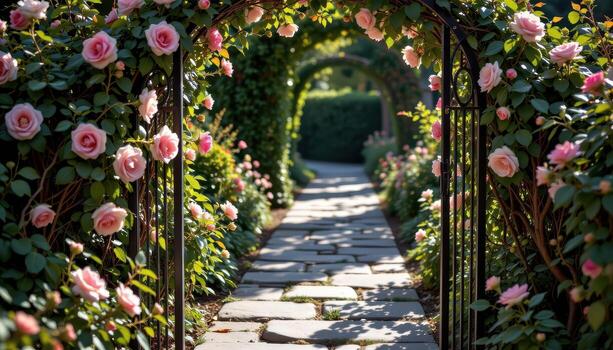 The garden's iron gate, framed by roses and winding vines, casts delicate shadows on the stone path beyond, empty and quiet. photo