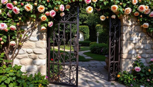 The intricate iron gate, wrapped in lush roses, casts patterned shadows on the stone path of an abandoned garden. photo