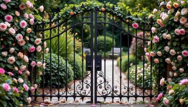 A stately black iron gate entwined with roses and ivy guards a tranquil garden, where the only movement is the gentle sway of petals in the breeze. photo