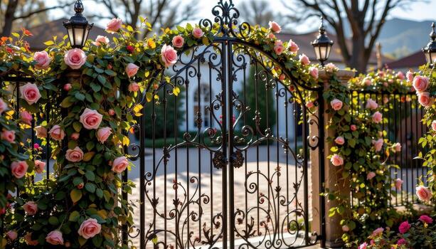 The ornate iron garden gate, wrapped in twisting roses, glows softly in the morning light over an empty courtyard. photo