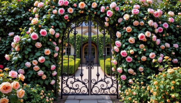 A wrought iron gate, completely wrapped in lush roses, opens onto a secluded courtyard where not a single creature stirs. photo