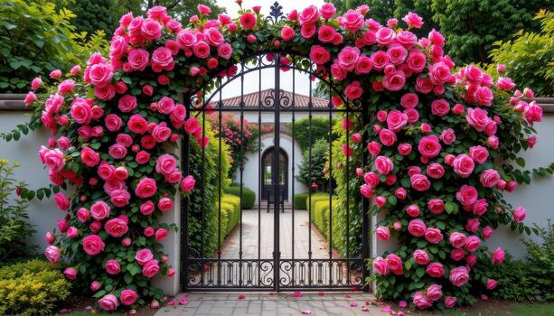 A tall iron gate covered in lush roses forms a fragrant entrance to a serene courtyard untouched by life. photo