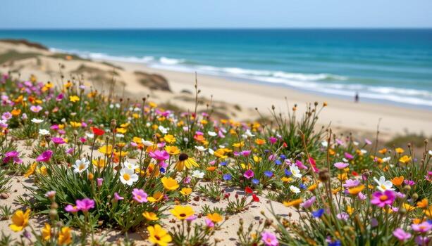 A field of wildflowers blooms across soft dunes by the azure sea, their colors contrasting beautifully with the calm, empty ocean. photo