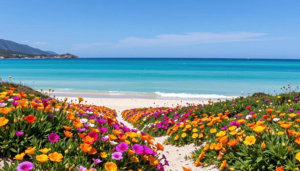 An array of flowers in vivid colors carpets the sands of an azure beach, the scene quiet and devoid of life. photo