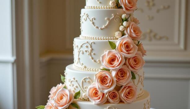 A luxurious five tier wedding cake with cascading blush and ivory roses, delicate piped scrollwork, edible pearls, and subtle shimmer dust, displayed elegantly in solitude. photo