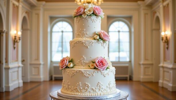 A grand five tier wedding cake adorned with pastel roses, delicate fondant lace, piped scrollwork, and subtle shimmer, standing alone in an empty hall. photo