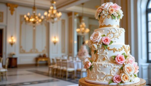 A grand five tier wedding cake adorned with cascading blush and ivory sugar roses, intricate piped patterns, edible pearls, and gold leaf highlights, displayed elegantly in an empty hall. photo