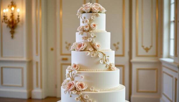 A luxurious five tier wedding cake with smooth ivory fondant, cascading sugar roses, delicate piped patterns, edible pearls, and subtle gold accents, displayed elegantly in an empty room. photo