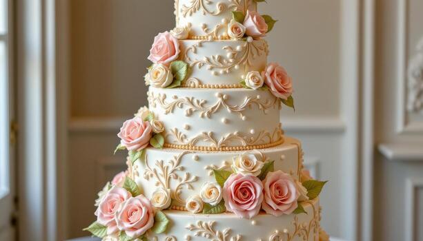 A grand five tier wedding cake with cascading sugar roses, intricate piped patterns, edible pearls, and subtle gold highlights, displayed elegantly in solitude. photo