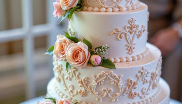 A multi tiered wedding cake decorated with pastel roses, delicate fondant lace, intricate piped patterns, and subtle shimmer dust, displayed elegantly under soft lighting. photo