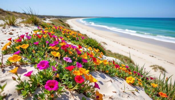 A field of vivid wildflowers grows along the dunes of a pristine azure coast, their colors accentuated by the sunlight on the empty sands. photo