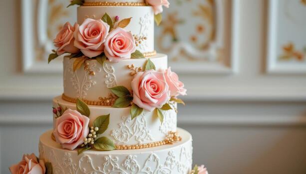 An elegant wedding cake with multiple tiers, each adorned with handcrafted roses in soft blush tones, delicate lace like icing patterns, and gold accents, set against a softly lit background photo