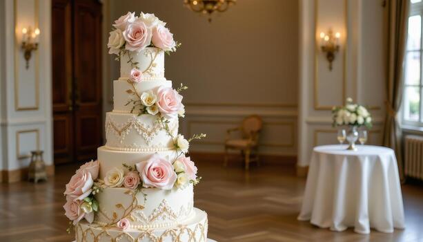 A grand multi tiered wedding cake with ivory fondant, adorned with realistic sugar roses, delicate lace patterns, and gold leaf highlights, displayed in an empty room. photo