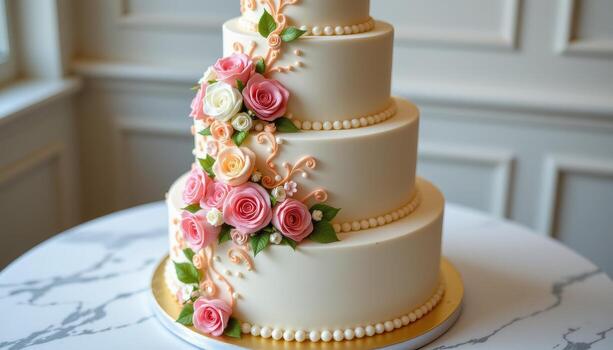 A grand four tier wedding cake decorated with cascading roses, delicate piped scrollwork, and edible pearls, displayed on a pristine marble surface. photo