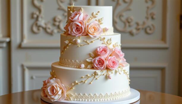 A luxurious wedding cake with four smooth tiers, cascading sugar roses in blush and ivory, intricate piped patterns, and tiny gold accents, standing on a polished surface. photo