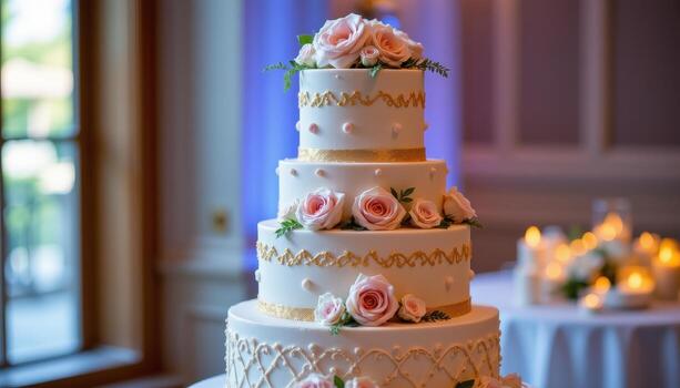 A multi tiered wedding cake with six layers, each adorned with pastel roses, delicate piped designs, and subtle shimmer dust, displayed alone under soft ambient light. photo