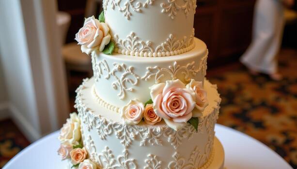 A multi tiered wedding cake with four tiers, adorned with blush and ivory sugar roses, intricate lace patterns, and subtle shimmer dust, displayed on a pristine table. photo