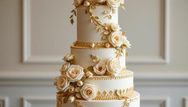 A multi tiered wedding cake with smooth ivory tiers, cascading sugar roses, intricate piped patterns, and gold leaf highlights, standing alone in an empty space. photo