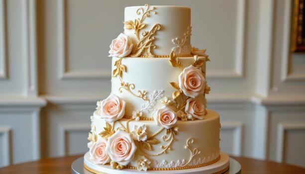 A luxurious four tier wedding cake with smooth ivory fondant, cascading sugar roses, intricate piped patterns, and gold highlights, standing on a polished surface. photo