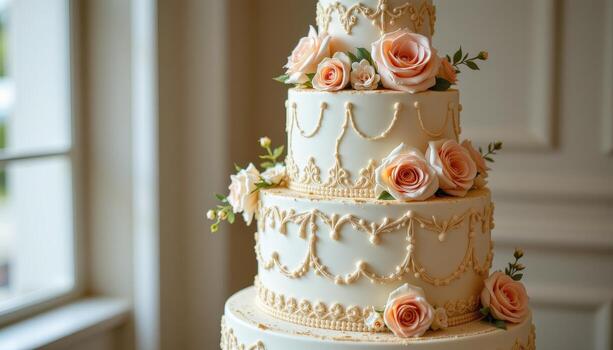 A multi tiered wedding cake with six layers, adorned with blush and ivory roses, intricate piping, and subtle shimmer dust, displayed elegantly in complete solitude. photo