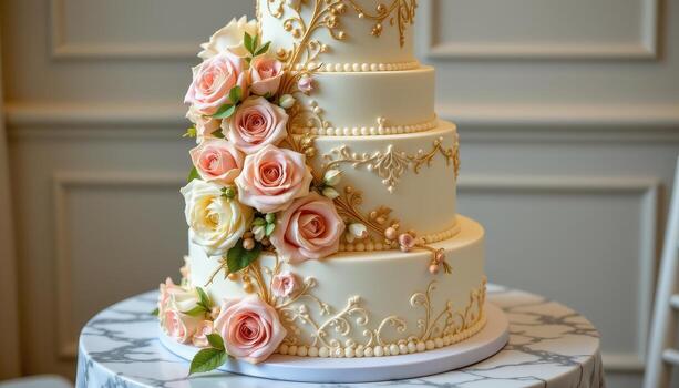 A luxurious multi tiered wedding cake covered in smooth ivory fondant, adorned with cascading blush and cream roses, delicate piped lace patterns, and subtle gold accents, displayed alone photo
